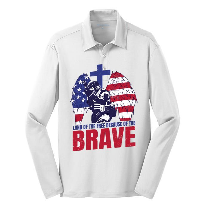 Land Of The Free Because Of The Brave Soldier Cross Silk Touch Performance Long Sleeve Polo