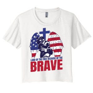 Land Of The Free Because Of The Brave Soldier Cross Women's Crop Top Tee