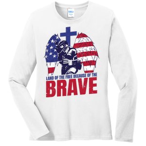 Land Of The Free Because Of The Brave Soldier Cross Ladies Long Sleeve Shirt