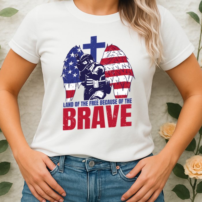 Land Of The Free Because Of The Brave Soldier Cross Womens T-Shirt