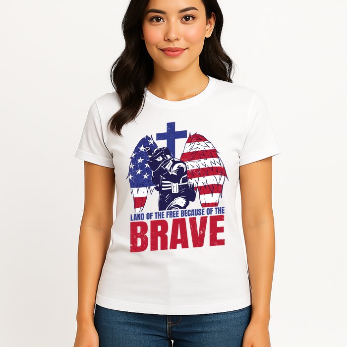 Land Of The Free Because Of The Brave Soldier Cross Womens T-Shirt