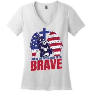 Land Of The Free Because Of The Brave Soldier Cross Women's V-Neck T-Shirt