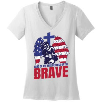 Land Of The Free Because Of The Brave Soldier Cross Women's V-Neck T-Shirt