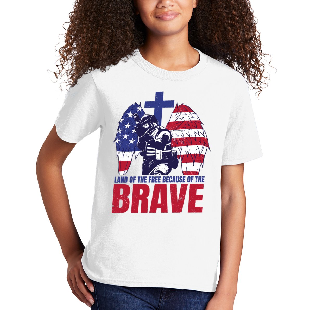 Land Of The Free Because Of The Brave Soldier Cross Kids T-Shirt