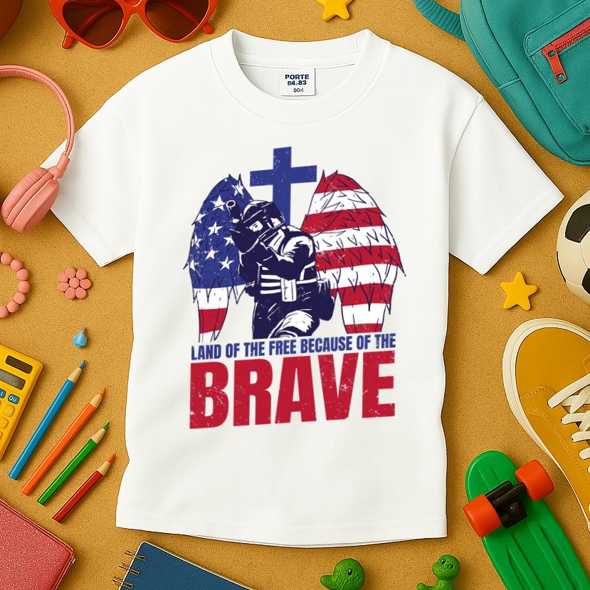 Land Of The Free Because Of The Brave Soldier Cross Kids T-Shirt