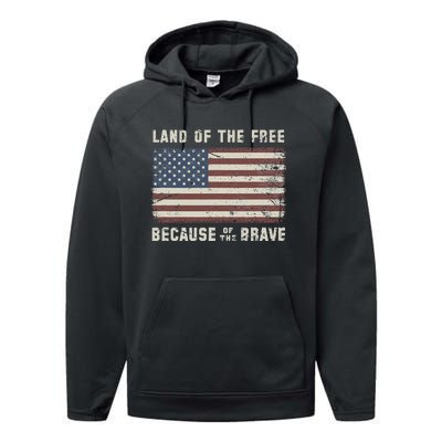 Land Of The Free Because Of The Brave Vintage Flag Performance Fleece Hoodie