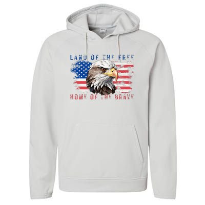 Land Of The Free Home Of The Brave Bald Eagle Us Flag Performance Fleece Hoodie