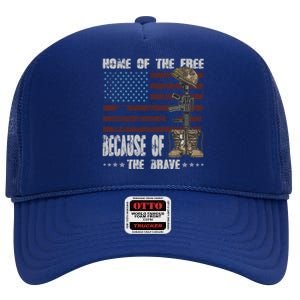 Land Of The Free Because The Brave Distress Veteran Us Flag Gift High Crown Mesh Back Trucker Hat