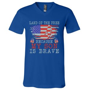 Land Of The Free Because My Son Is Brave Gift Military Son Cute Gift V-Neck T-Shirt