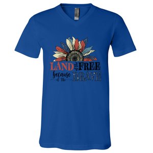 Land Of The Free Because Of The Brave Sunflower 4th Of July Gift V-Neck T-Shirt