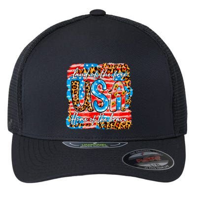 Land Of The Free Because Of The Brave 4th Of July Leopard Gift Flexfit Unipanel Trucker Cap