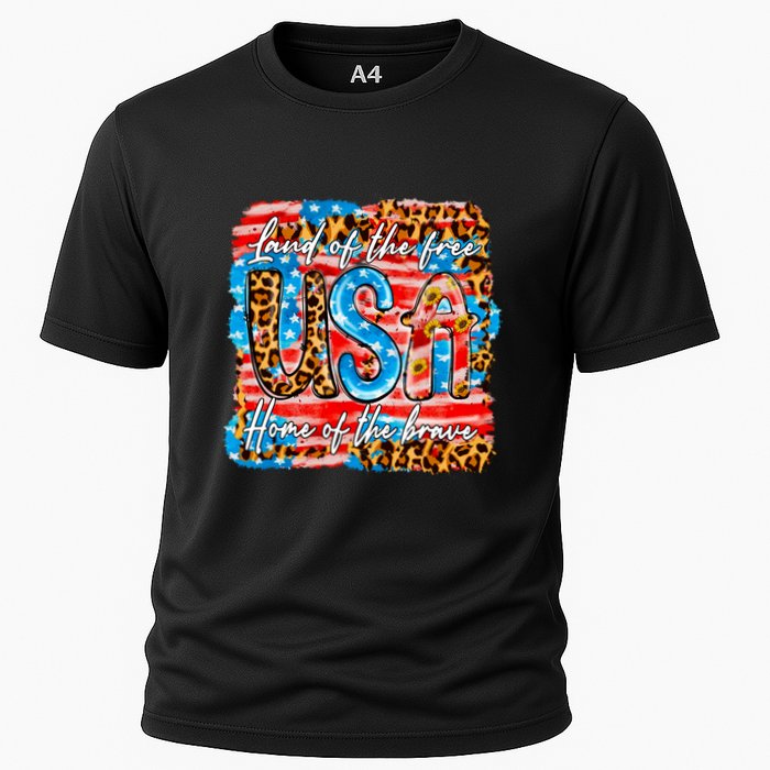 Land Of The Free Because Of The Brave 4th Of July Leopard Gift Cooling Performance Crew T-Shirt