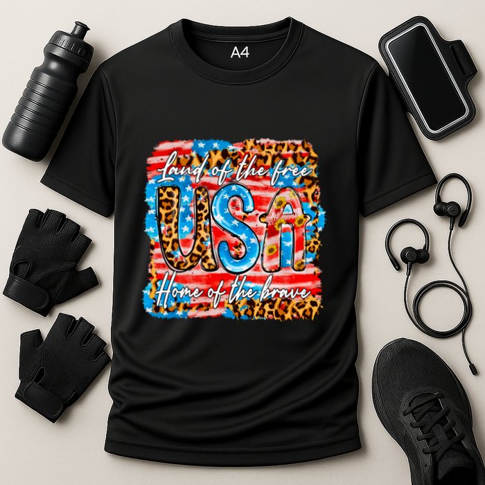 Land Of The Free Because Of The Brave 4th Of July Leopard Gift Cooling Performance Crew T-Shirt