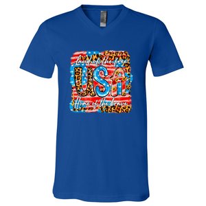 Land Of The Free Because Of The Brave 4th Of July Leopard Gift V-Neck T-Shirt