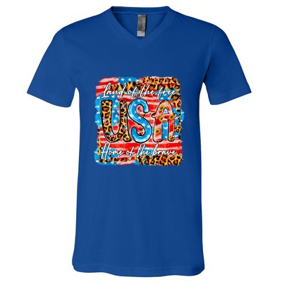 Land Of The Free Because Of The Brave 4th Of July Leopard Gift V-Neck T-Shirt