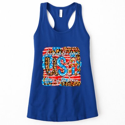 Land Of The Free Because Of The Brave 4th Of July Leopard Gift Womens Tank Top