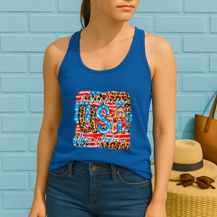 Land Of The Free Because Of The Brave 4th Of July Leopard Gift Womens Tank Top