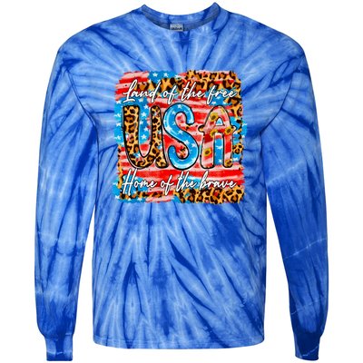 Land Of The Free Because Of The Brave 4th Of July Leopard Gift Tie-Dye Long Sleeve Shirt