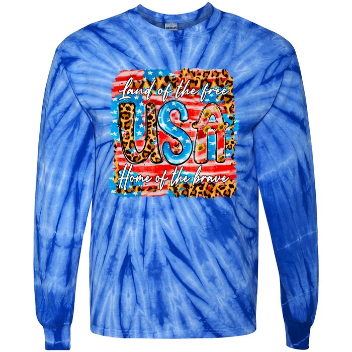 Land Of The Free Because Of The Brave 4th Of July Leopard Gift Tie-Dye Long Sleeve Shirt