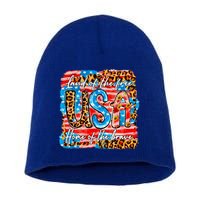 Land Of The Free Because Of The Brave 4th Of July Leopard Gift Short Acrylic Beanie