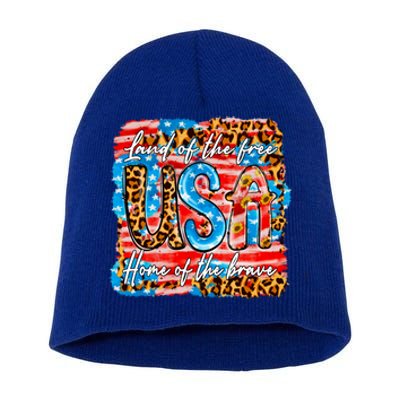 Land Of The Free Because Of The Brave 4th Of July Leopard Gift Short Acrylic Beanie