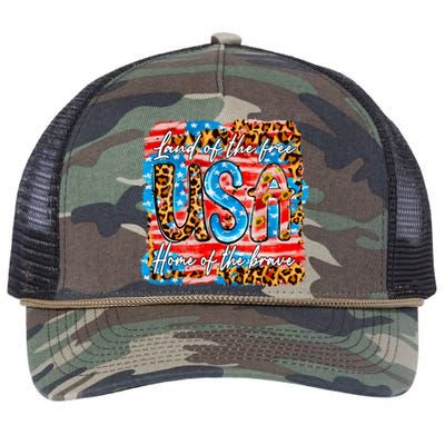 Land Of The Free Because Of The Brave 4th Of July Leopard Gift Retro Rope Trucker Hat Cap