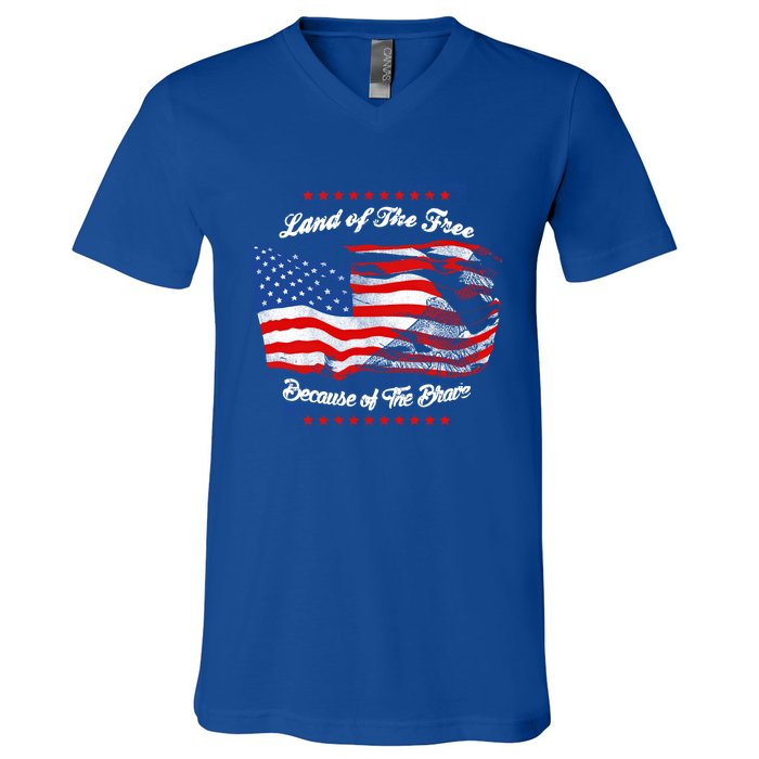 Land Of The Free Because Of The Brave Patriotic 4th Of July Cute Gift V-Neck T-Shirt