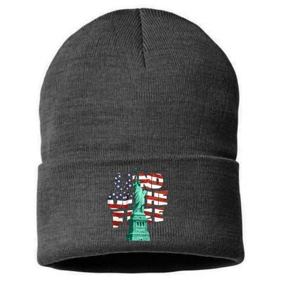 Land Of The Free Statue Of Liberty American Flag Sustainable Knit Beanie