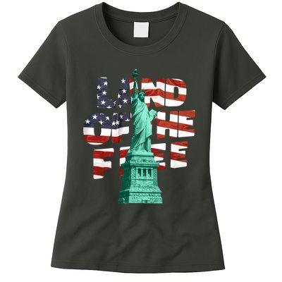 Land Of The Free Statue Of Liberty American Flag Womens T-Shirt