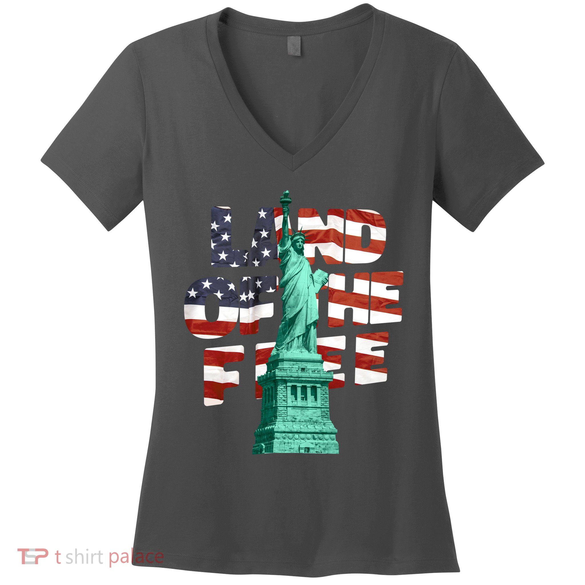 Land Of The Free Statue Of Liberty American Flag Women's V-Neck T-Shirt