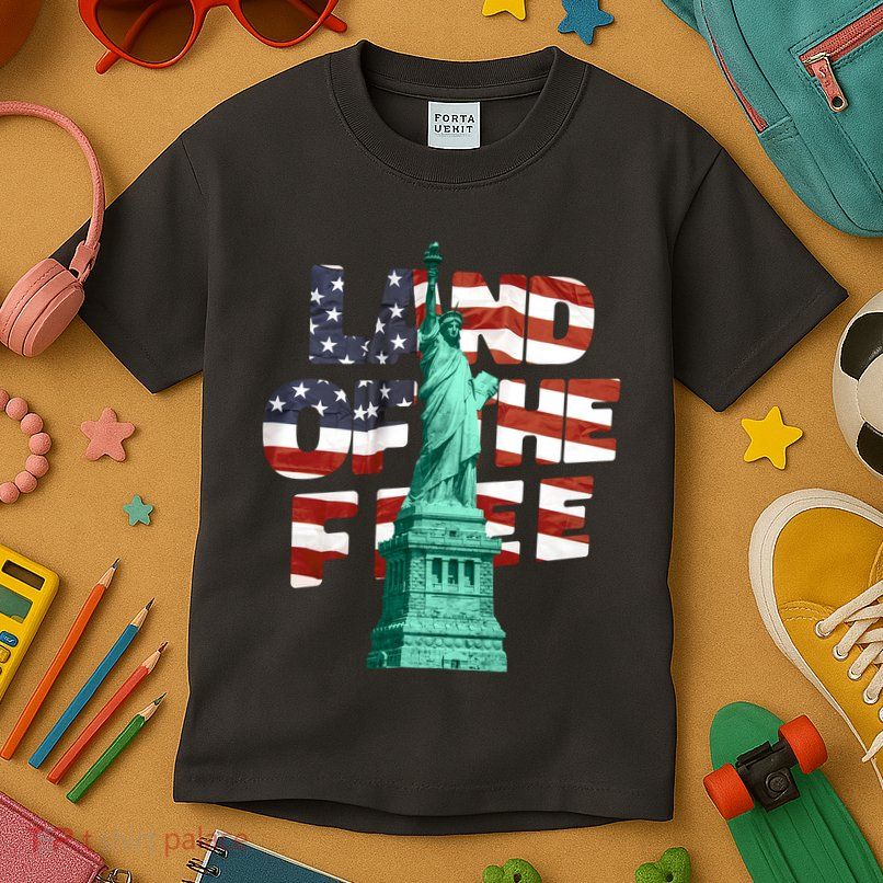 Land Of The Free Statue Of Liberty American Flag Kids T-Shirt