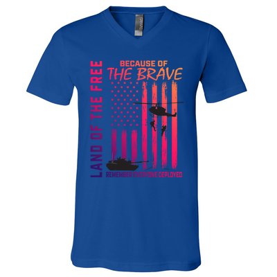 Land Of The Free Because Of The Brave Red Gift Friday Flag Gift V-Neck T-Shirt