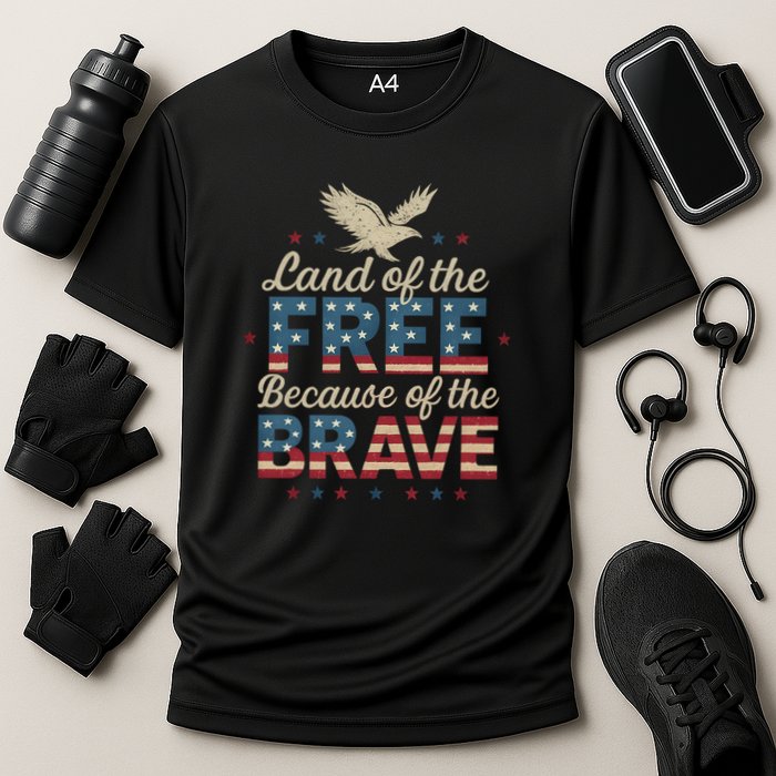 Land of the Free Because of the Brave Cooling Performance Crew T-Shirt