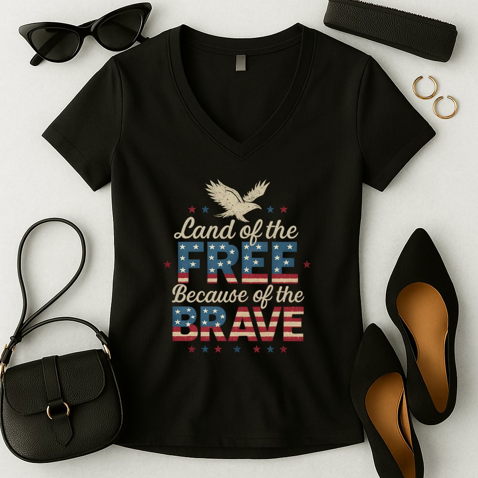 Land of the Free Because of the Brave Women's V-Neck T-Shirt