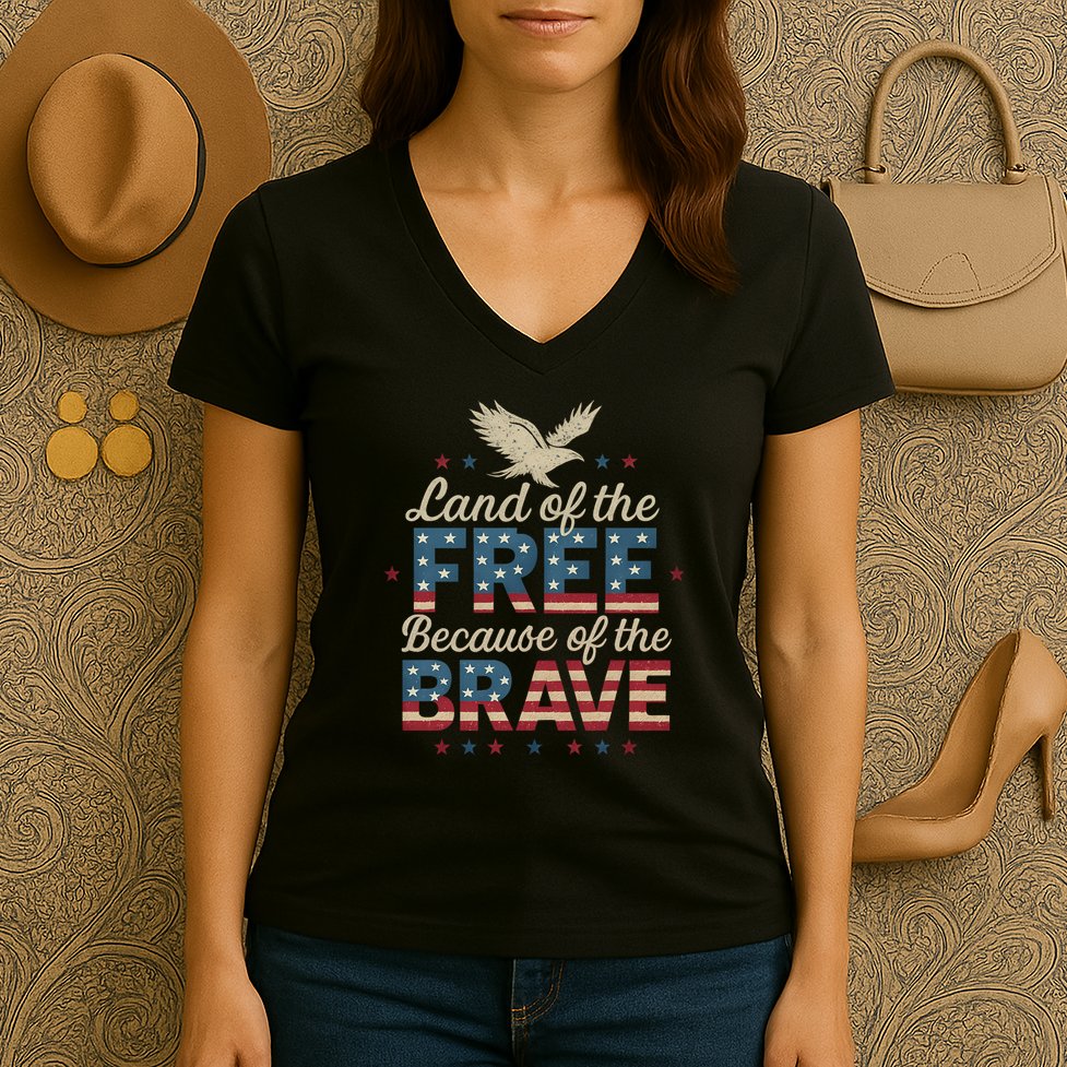 Land of the Free Because of the Brave Women's V-Neck T-Shirt