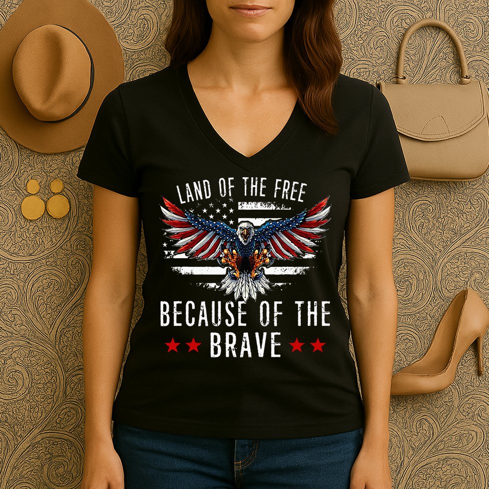 Land Of The Free Because Of The Brave Memorial Day Patriotic Women's V-Neck T-Shirt
