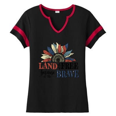 Land Of The Free Because Of The Brave Sunflower 4th Of July Cute Gift Ladies Halftime Notch Neck Tee