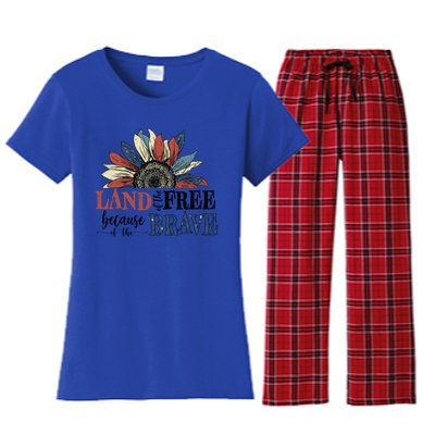 Land Of The Free Because Of The Brave Sunflower 4th Of July Cute Gift Women's Flannel Pajama Set