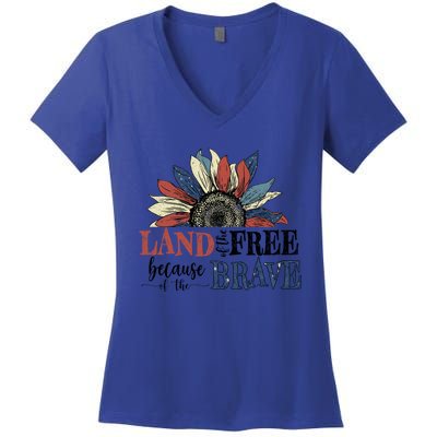 Land Of The Free Because Of The Brave Sunflower 4th Of July Cute Gift Women's V-Neck T-Shirt