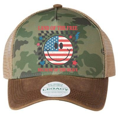 Land Of The Free Because Of The Brave Retro Smiley USA Flag Legacy Tie Dye Trucker Hat