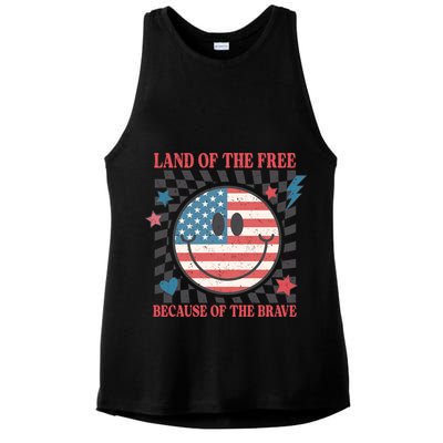 Land Of The Free Because Of The Brave Retro Smiley USA Flag Ladies PosiCharge Tri-Blend Wicking Tank