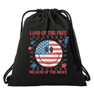 Land Of The Free Because Of The Brave Retro Smiley USA Flag Drawstring Bag