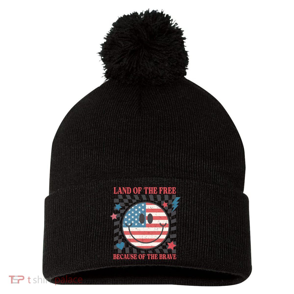 Land Of The Free Because Of The Brave Retro Smiley USA Flag Pom Pom 12in Knit Beanie