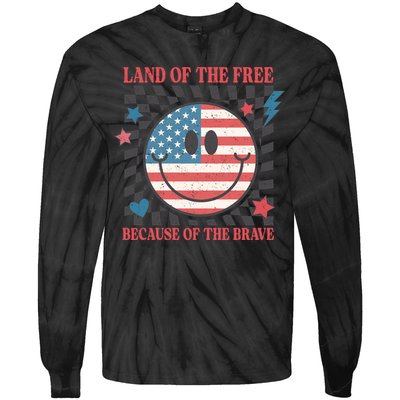 Land Of The Free Because Of The Brave Retro Smiley USA Flag Tie-Dye Long Sleeve Shirt
