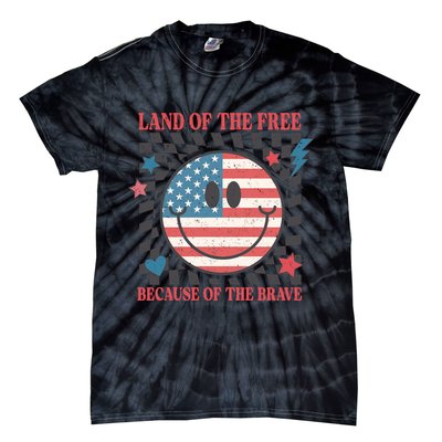 Land Of The Free Because Of The Brave Retro Smiley USA Flag Tie-Dye T-Shirt