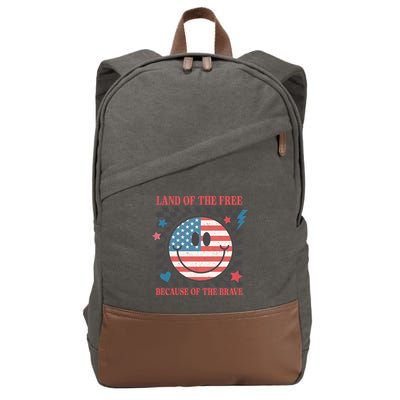 Land Of The Free Because Of The Brave Retro Smiley USA Flag Cotton Canvas Backpack