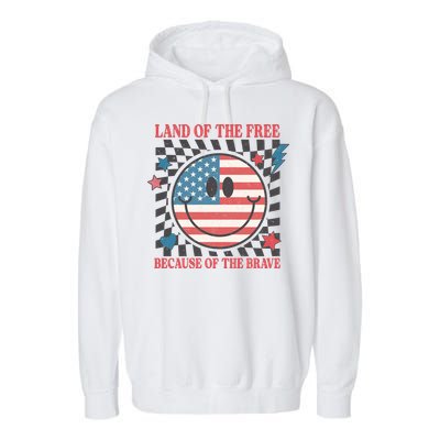 Land Of The Free Because Of The Brave Retro Smiley USA Flag Garment-Dyed Fleece Hoodie