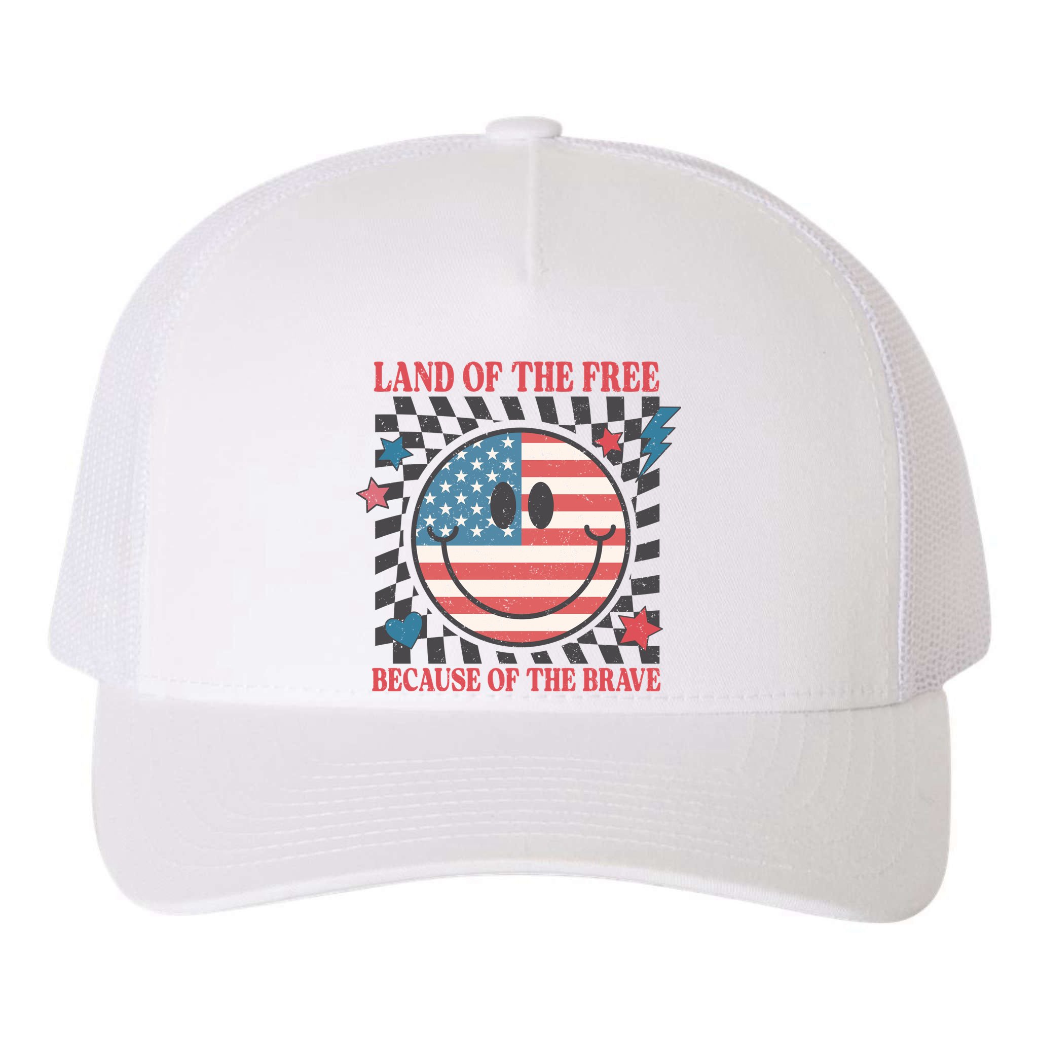 Land Of The Free Because Of The Brave Retro Smiley USA Flag Yupoong Adult 5-Panel Trucker Hat