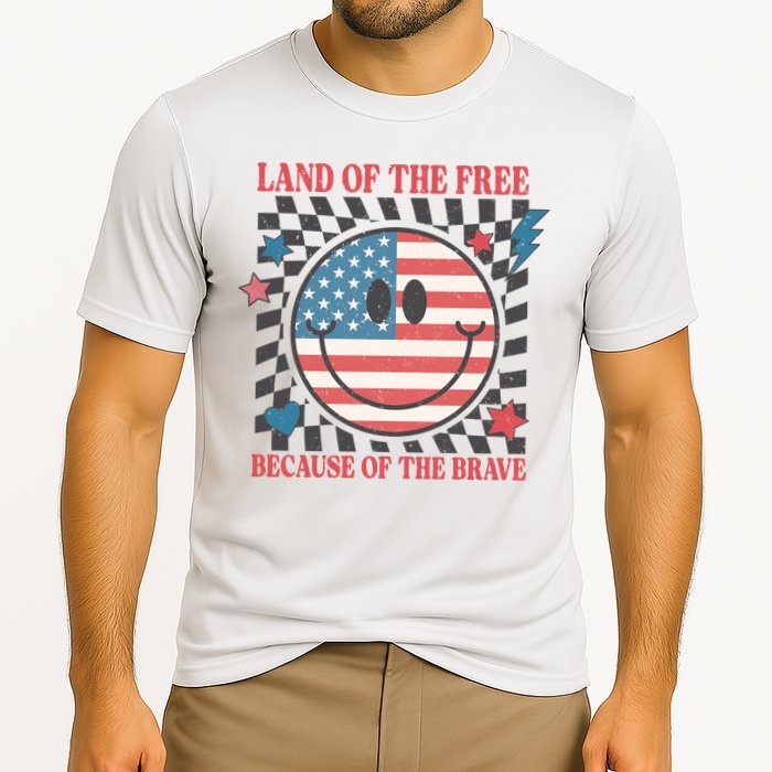 Land Of The Free Because Of The Brave Retro Smiley USA Flag Cooling Performance Crew T-Shirt