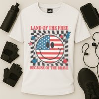 Land Of The Free Because Of The Brave Retro Smiley USA Flag Cooling Performance Crew T-Shirt